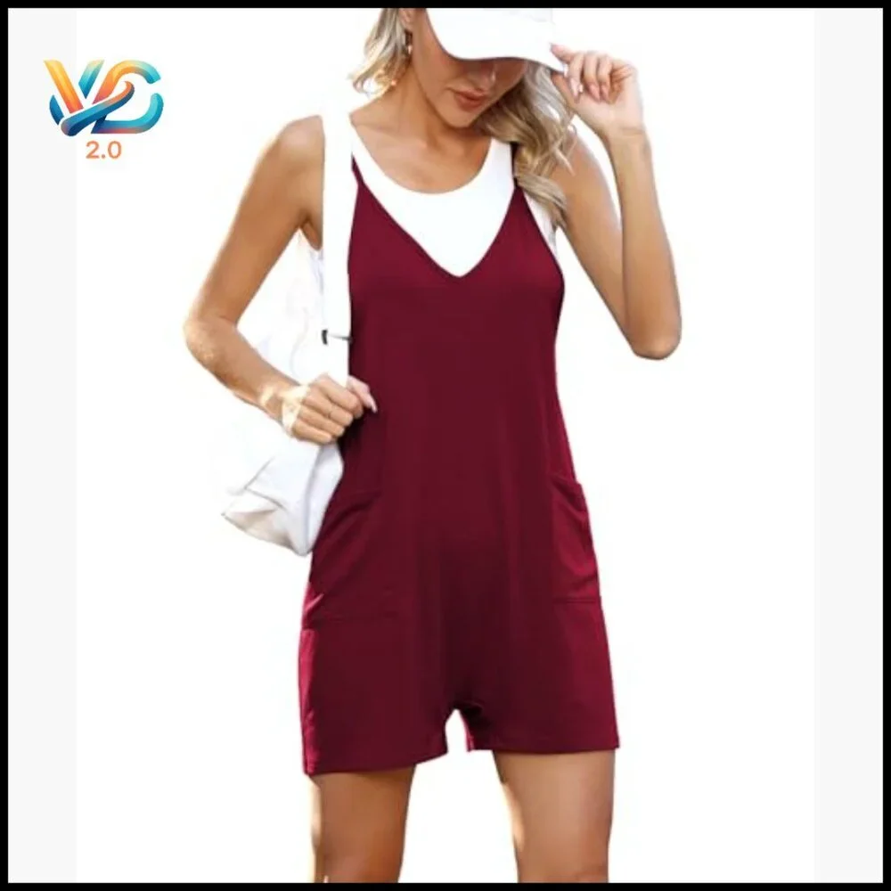 Sleeveless Romper Jumpsuit with Pockets, Loose Fit, Polyester Blend